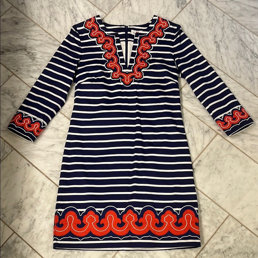Vineyard Vines Navy and Orange Long Sleeve Dress